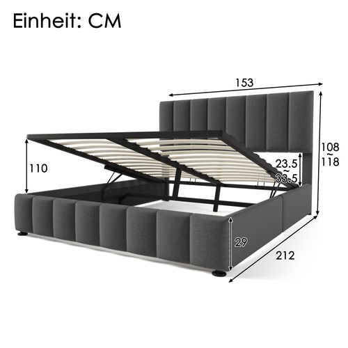 Lit Coffre 140x200 Cm, Tête De Lit Réglable, Rangement Caché, Revêtement En Lin, Métal, Couleur Gris