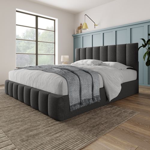 Lit Coffre 140x200 Cm, Tête De Lit Réglable, Rangement Caché, Revêtement En Lin, Métal, Couleur Gris