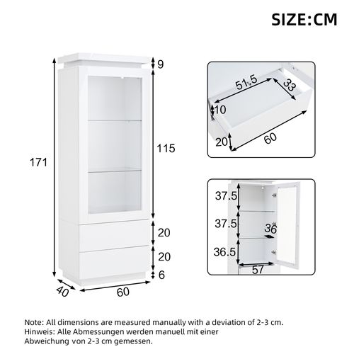 Buffet Haut 60x40x171 Cm, LED Via Appli, Porte Acrylique Transparente, Panneau De Particules Blanc