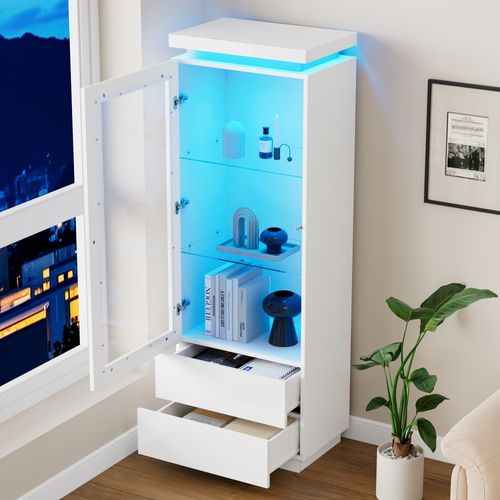 Buffet Haut 60x40x171 Cm, LED Via Appli, Porte Acrylique Transparente, Panneau De Particules Blanc