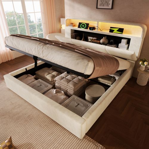 Lit Coffre 180x200 Cm, Lit Adulte, 2 Niches, LED, Tête De Lit Réglable, Rangement, Velours Beige