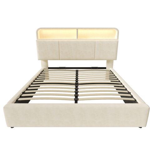 Lit Coffre 180x200 Cm, Lit Adulte, 2 Niches, LED, Tête De Lit Réglable, Rangement, Velours Beige