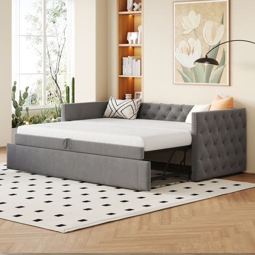 Lit Gigogne 90x200 Cm, Canapé Convertible Multifonction Avec Boutons, Tissu Velours Et Métal, Gris