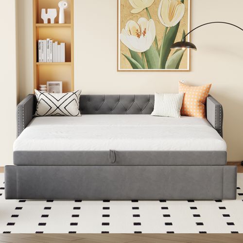 Lit Gigogne 90x200 Cm, Canapé Convertible Multifonction Avec Boutons, Tissu Velours Et Métal, Gris