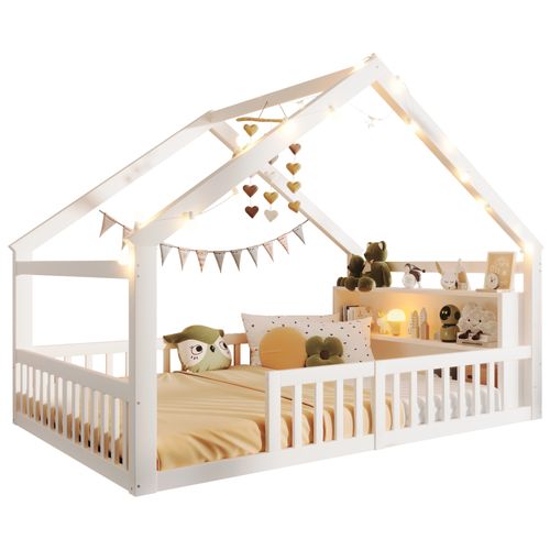 Lit Cabane Enfant 140x190 Cm, Forme Maison Avec Petites Lumières, Barrières De Sécurité, Bois, Blanc