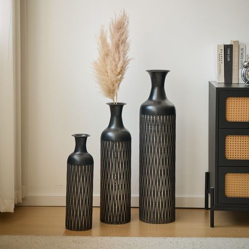 Lot De 3 Vases De Sol  83.01/65.99/50.01 Cm, Silhouette Fine Et Motif De Rainures, Métal Noir