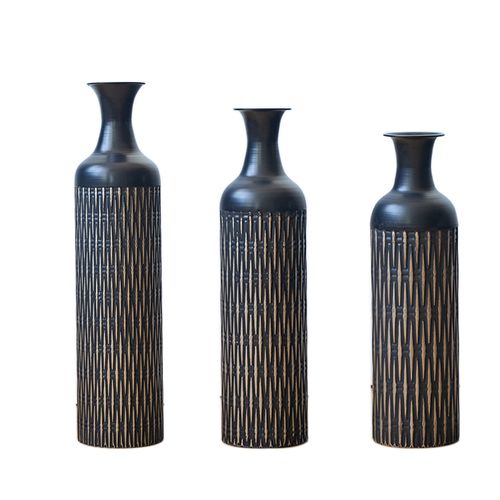 Lot De 3 Vases De Sol  83.01/65.99/50.01 Cm, Silhouette Fine Et Motif De Rainures, Métal Noir
