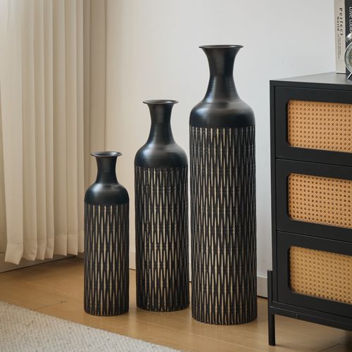 Lot De 3 Vases De Sol  83.01/65.99/50.01 Cm, Silhouette Fine Et Motif De Rainures, Métal Noir