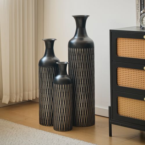 Lot De 3 Vases De Sol  83.01/65.99/50.01 Cm, Silhouette Fine Et Motif De Rainures, Métal Noir
