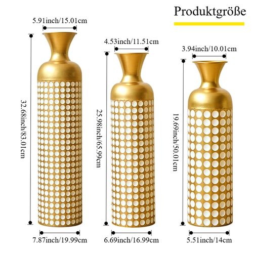 Lot De 3 Vases De Sol 83.01/65.99/50.01 Cm, Pois Blancs, Métal, Bronze Antique, Blanc, Style Vintage