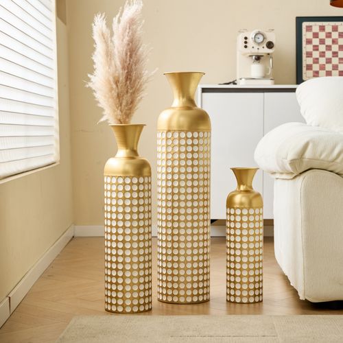 Lot De 3 Vases De Sol 83.01/65.99/50.01 Cm, Pois Blancs, Métal, Bronze Antique, Blanc, Style Vintage