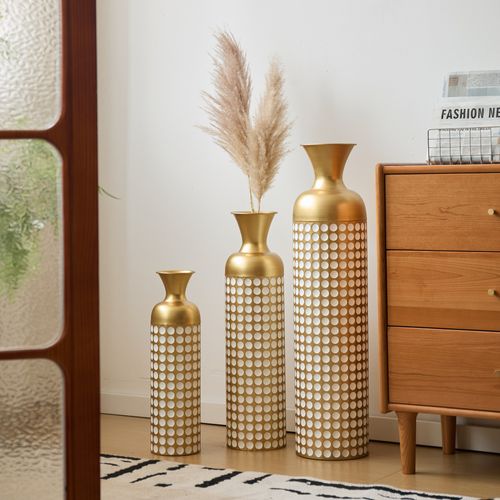 Lot De 3 Vases De Sol 83.01/65.99/50.01 Cm, Pois Blancs, Métal, Bronze Antique, Blanc, Style Vintage