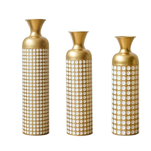 Lot De 3 Vases De Sol 83.01/65.99/50.01 Cm, Pois Blancs, Métal, Bronze Antique, Blanc, Style Vintage