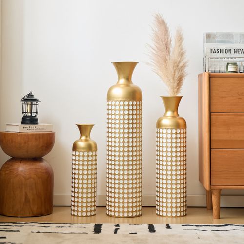 Lot De 3 Vases De Sol 83.01/65.99/50.01 Cm, Pois Blancs, Métal, Bronze Antique, Blanc, Style Vintage