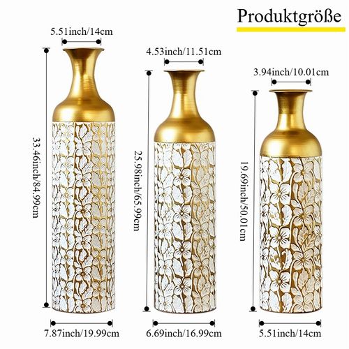 Lot De 3 Vases Sol 84.99/65.99/50.01 Cm, Motif Floral, Métal, Couleur Doré Et Blanc