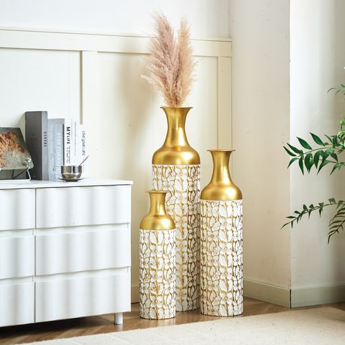 Lot De 3 Vases Sol 84.99/65.99/50.01 Cm, Motif Floral, Métal, Couleur Doré Et Blanc
