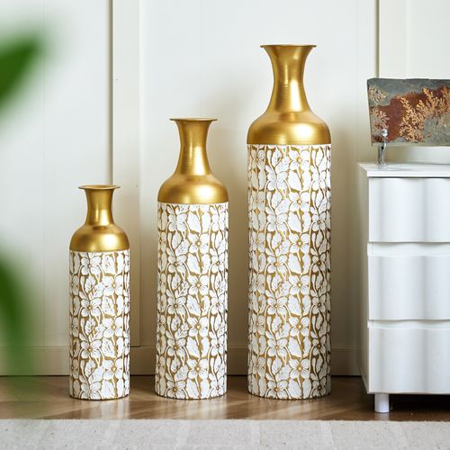 Lot De 3 Vases Sol 84.99/65.99/50.01 Cm, Motif Floral, Métal, Couleur Doré Et Blanc