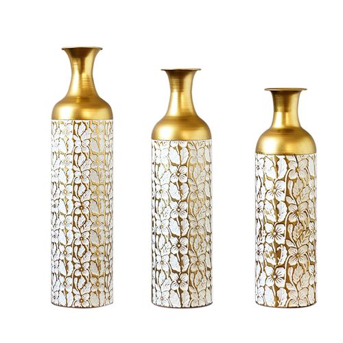 Lot De 3 Vases Sol 84.99/65.99/50.01 Cm, Motif Floral, Métal, Couleur Doré Et Blanc