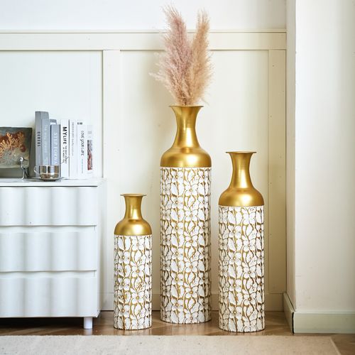 Lot De 3 Vases Sol 84.99/65.99/50.01 Cm, Motif Floral, Métal, Couleur Doré Et Blanc
