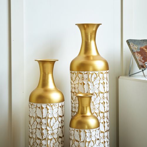 Lot De 3 Vases Sol 84.99/65.99/50.01 Cm, Motif Floral, Métal, Couleur Doré Et Blanc
