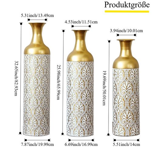 Lot De 3 Vases Au Sol 19.99x82.93+16.99x65.99+14x50.01cm, Motif De Points Blancs, Métal, Doré+blanc