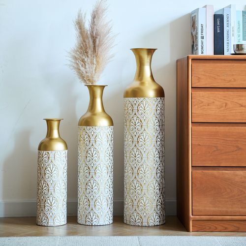 Lot De 3 Vases Au Sol 19.99x82.93+16.99x65.99+14x50.01cm, Motif De Points Blancs, Métal, Doré+blanc