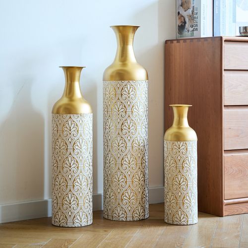 Lot De 3 Vases Au Sol 19.99x82.93+16.99x65.99+14x50.01cm, Motif De Points Blancs, Métal, Doré+blanc