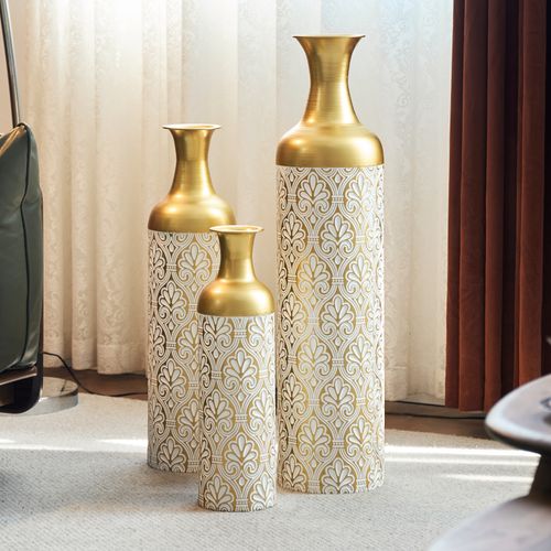 Lot De 3 Vases Au Sol 19.99x82.93+16.99x65.99+14x50.01cm, Motif De Points Blancs, Métal, Doré+blanc