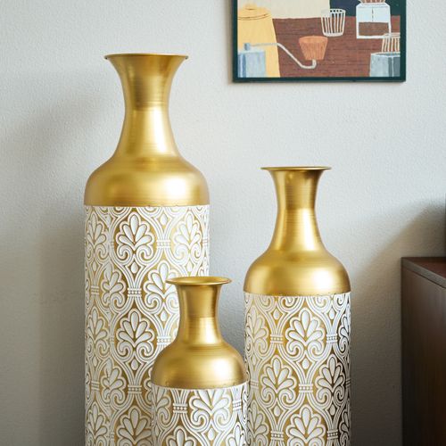 Lot De 3 Vases Au Sol 19.99x82.93+16.99x65.99+14x50.01cm, Motif De Points Blancs, Métal, Doré+blanc