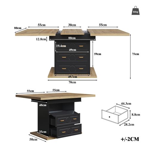 Table Extensible 110-140x80x75cm Avec Porte Abattante, 2 Tiroirs, Motif De Bois, Mdf Et Métal, Noir