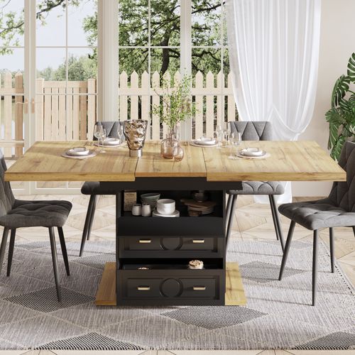 Table Extensible 110-140x80x75cm Avec Porte Abattante, 2 Tiroirs, Motif De Bois, Mdf Et Métal, Noir