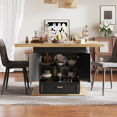 Table à Manger Extensible 110-140x80x75cm Avec 2 Portes, Tiroir, Mdf+métal, Couleur Bois Et Noir