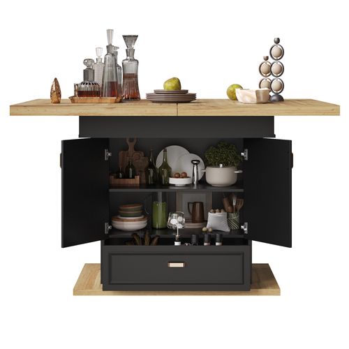 Table à Manger Extensible 110-140x80x75cm Avec 2 Portes, Tiroir, Mdf+métal, Couleur Bois Et Noir