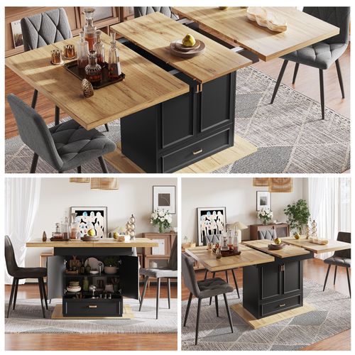 Table à Manger Extensible 110-140x80x75cm Avec 2 Portes, Tiroir, Mdf+métal, Couleur Bois Et Noir