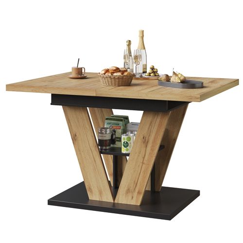 Table Extensible 110–140x80x75cm, Motif De Bois, Pour Salon, Mdf Et Métal, Couleur Bois Et Noir
