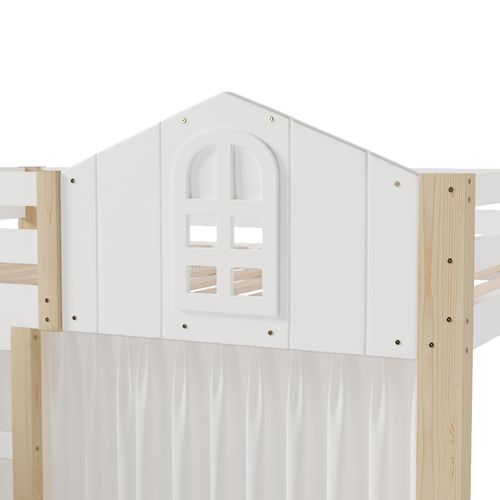 Lit Mezzanine 140x200 Cm, LED, Escalier De Rangement, Cabane Avec Fenêtre, Pin Et Mdf, Blanc+naturel