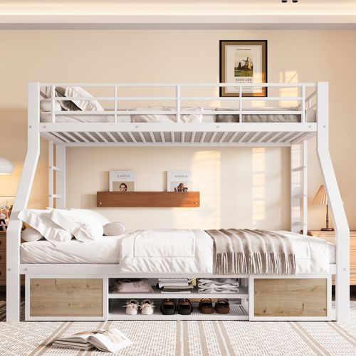 Lit Superposé 140x200+90x200 Cm, 2 Portes Avec Rangements, 2 Niches, Métal Et Mdf, Blanc+bois