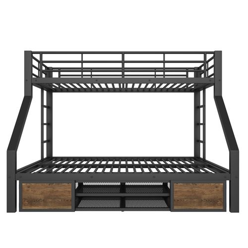 Lit Superposé 90x200 Et 140x200, Armoire à Chaussures Intégrée Et Rangements, Métal Et Mdf, Noir