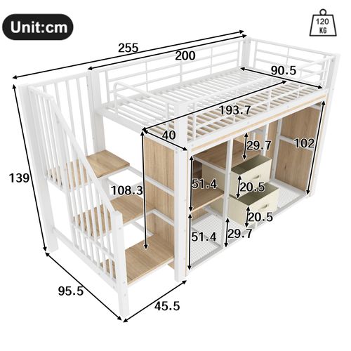 Lit Mezzanine 90x200 Cm, Lit Simple, 2 Tiroirs, Armoire Ouverte, Métal Et Mdf, Blanc