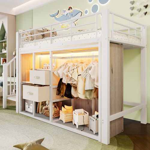 Lit Mezzanine 90x200 Cm, Lit Simple, 2 Tiroirs, Armoire Ouverte, Métal Et Mdf, Blanc