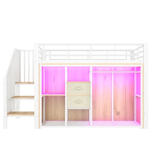 Lit Mezzanine 90x200 Cm, Lit Simple, 2 Tiroirs, Armoire Ouverte, Métal Et Mdf, Blanc