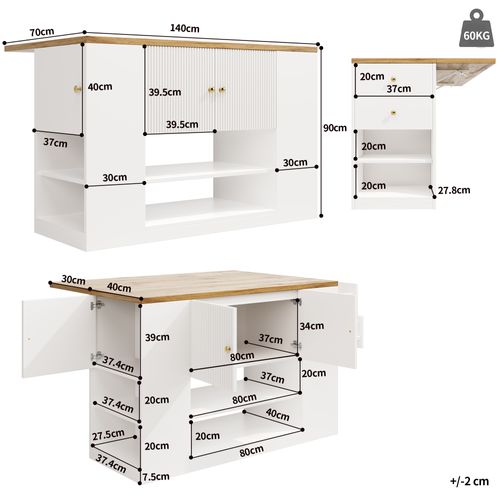 Îlot Centrale 140x40-70x90cm, Plateau Pliable, 2 Tiroirs, 3 Portes, Motif De Bois, Mdf, Métal, Blanc