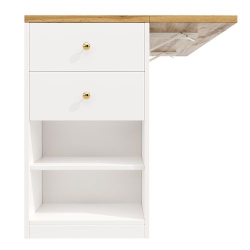 Îlot Centrale 140x40-70x90cm, Plateau Pliable, 2 Tiroirs, 3 Portes, Motif De Bois, Mdf, Métal, Blanc