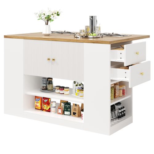 Îlot Centrale 140x40-70x90cm, Plateau Pliable, 2 Tiroirs, 3 Portes, Motif De Bois, Mdf, Métal, Blanc