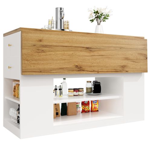 Îlot Centrale 140x40-70x90cm, Plateau Pliable, 2 Tiroirs, 3 Portes, Motif De Bois, Mdf, Métal, Blanc