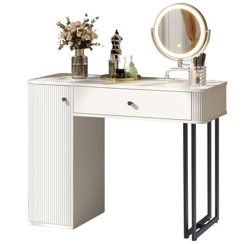 Coiffeuse 100x40x116 Cm, Miroir LED Dimmable, 1 Tiroir, 1 Porte, Panneaux De Particules, Blanc
