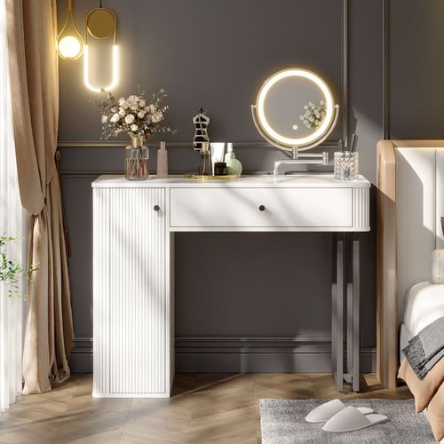Coiffeuse 100x40x116 Cm, Miroir LED Dimmable, 1 Tiroir, 1 Porte, Panneaux De Particules, Blanc