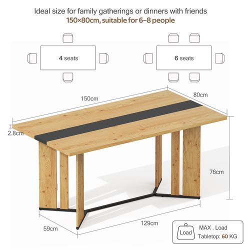 Table à Manger 150x80x76 Cm, Style Scandinave, Plateau Mdf, Décor Chêne, Couleur Bois Et Noir