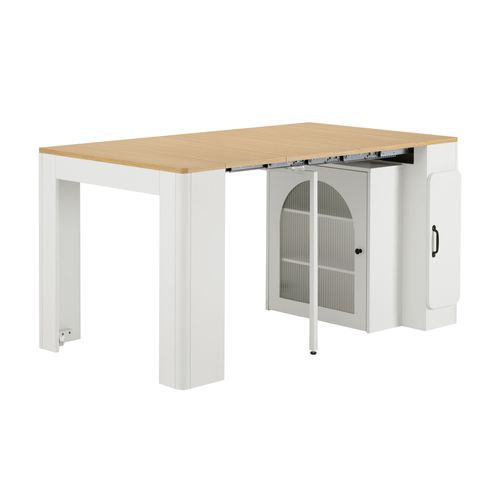 Îlot De Cuisine Sur Roulettes, Table Extensible 80×39.6/149.6×77cm, 3 Portes, Mdf, Verre, Blanc+bois