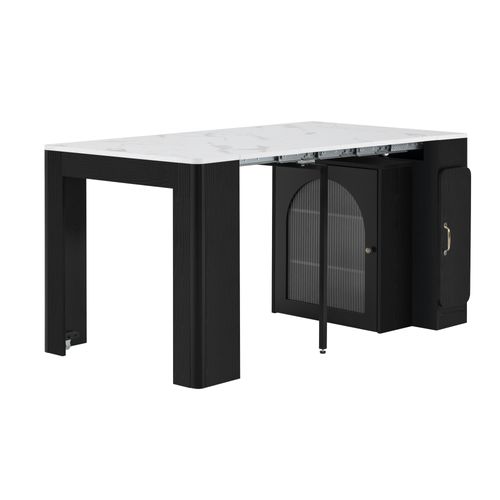 Îlot De Cuisine Extensible 80×39.6/149.6×77cm, Plateau Avec Motif De Marbre En Mdf, Noir Et Blanc